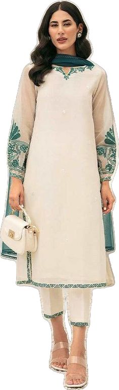 White Embroidered Sleeves Straight Kurta, Festive White Kurta With Embroidered Sleeves, Elegant White Churidar With Embroidered Border, White Embroidered Unstitched Kurta, White Kurta With Embroidered Sleeves, Eid White Kurta With Embroidered Sleeves, White Straight Kurta Dress With Embroidered Border, Traditional Lawn Suit With Embroidered Sleeves For Wedding, Fitted White Churidar With Embroidered Border