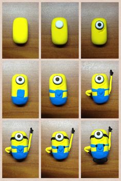 there are many pictures of the same yellow and blue toy with eyes on each one