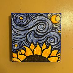 a painting of a sunflower with the night sky and stars painted on it's side