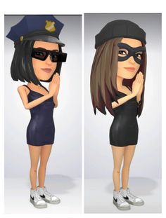 an animated woman in a police uniform poses for two different pictures, one is wearing sunglasses and the other wears a hat