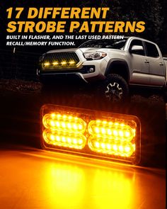 the front end of a white truck with yellow lights and text that reads, 17 different strobe patterns built in flashers, and the last used pattern recall memory function