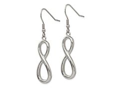 Stainless steel infinity dangle earrings with polished finish. Measures approximately 1 15/16"L x 1/2"W and have french wire closures. Silver Infinity Earrings For Formal Occasions, Silver Infinity Earrings For Formal Events, Silver Hypoallergenic Infinity Earrings, Hypoallergenic Infinity Metal Jewelry, Hypoallergenic Metal Infinity Jewelry, Shepherds Hook, Stainless Steel Polish, French Wire, Hook Earrings