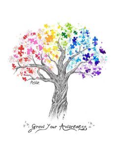 an image of a tree with the words grow your awareness written in rainbows on it