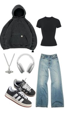 an outfit with headphones, jeans and sneakers