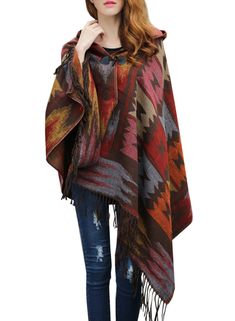 PRICES MAY VARY. SIZE:72.82"*30.7".185CM*78CM, There is an error of 1-3 cm because of manual measurement. Design: Open cape sleeves; three-quarter length; bohemian print; vibrant color; open front with horn buttom; relaxed; with hoodie; stylish knit poncho wrap; loose fit; casual chic style; oversized shawl poncho, loosely draped silhouette. Material: Acrylic, very soft feel like cashmere;It is an effortless addition to any outfit, perfect for any season, can be worn day to night, and even when Cashmere Winter Scarf, Batwing Cardigan, Mens Cashmere Scarf, Poncho Pullover, Plaid Shawl, Blanket Poncho, Winter Shawl, Loose Coats, Hooded Poncho