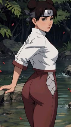 an anime character is standing in the water with her hands on her hips and looking at something