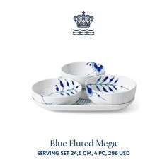 blue fluted mega serving set with crown on the top and two bowls in front