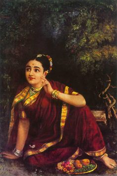 a painting of a woman sitting on the ground with her hand near her face and holding a plate