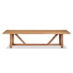 a wooden table with two crossed legs and a long, rectangular top on an isolated white background