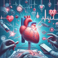 two hands holding an electronic device in front of a drawing of a heart and medical equipment