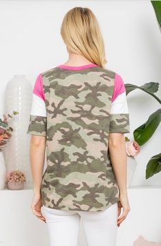 Be the life of the party in this stylish and comfy green camo color block top! Featuring a bold mix of pink, white, and green camo stripes, this Summery shirt is sure to turn heads and make a statement. Soft and just-right, this versatile tee is perfect for everyday Spring fashions. Don't wait - make this your year to be you and do you in this bright and cheery camo tee! Everything you want in a shirt - tested and guaranteed to make you look oh-so CUTE! Small Top: 36" chest, 25" length Medium To Spring Casual Camouflage T-shirt, Casual Camouflage T-shirt For Spring, Trendy Camouflage Summer Top, Trendy Summer Camouflage Top, Trendy Camouflage Tops For Summer, Spring Camouflage Cotton T-shirt, Casual Camouflage Tops For Spring, Trendy Camouflage Tops For Spring, Mom And Me Shirts