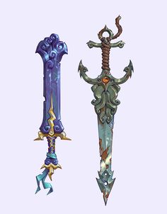 two different types of swords are shown in this image, one is blue and the other is green