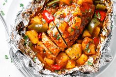 chicken with peppers and pineapples in foil