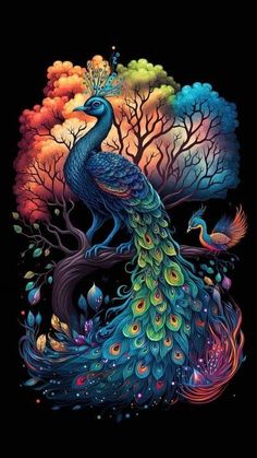 a colorful peacock sitting on top of a tree