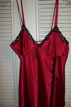 "Red satin with black lace Valentine nightgown. Size large. Bust measures 38\", overall length 55\". Maxi length! Beautiful ! No flaws of any kind. Stored with TLC Comes from a smoke-free home. Label reads Private Luxuries" Succubus Oc, Red Nightgown, Vera Bradley Tote, Vintage Valentine, Satin Cami, Oc Ideas, Vintage Valentines, Red Satin, Side Split