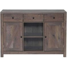 the sideboard is made out of wood and has two open shelves on one side