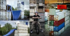 a man riding a bike next to stacks of shipping containers