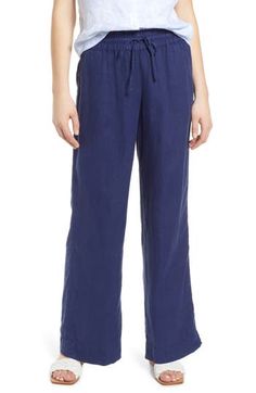 Crafted from lightweight linen, these tie-waist pants feature breezy wide legs for vacation-ready vibes. 30 1/2" inseam; 22" leg opening; 11 1/2" front rise; 17" back rise (size Medium) Elastic/drawstring waist Side-seam pockets 100% linen Machine wash, line dry Imported Relaxed Fit Linen Wide Leg Pants With Tie Waist, Wide Leg Linen Pants With Tie Waist, Linen Bottoms With Tie Waist, Linen Bottoms With Tie Waist And Loose Fit, Linen Bottoms With Tie Waist And Relaxed Fit, Relaxed Fit Linen Bottoms With Tie Waist, Linen Straight Pants With Tie Waist, Vacation Linen Pants With Tie Waist, Linen Bottoms With Tie Waist And Straight Leg