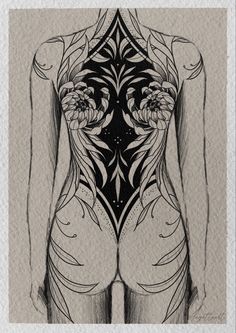 a drawing of a woman's back with flowers on her chest and the bottom part of her body