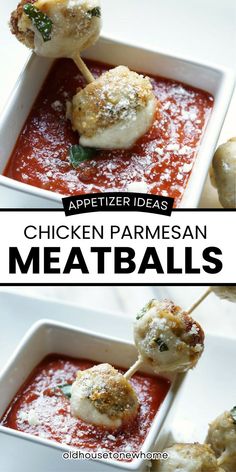 chicken parmesan meatballs with tomato sauce in a white casserole dish