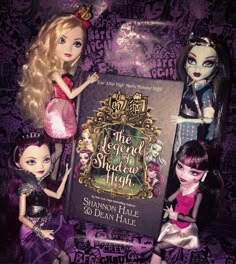 three dolls are posed next to a sign that reads the legend of sleeping beauty high