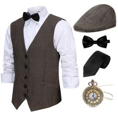 PRICES MAY VARY. This 1920s mens accessories set includes: 1*Men vest, 1*Panama/Manhattan newsboy hat; 1*costume pipe ; 1*Tie; 1*pre tied bowtie; 1*vintage pocket watch (not actually work). Size of the Gatsby Gangster Accessories: 1920s hat circumference--22.8” and one size fits most; Vest--Please check the vest size carefully and choose the best fit for you; Suspenders are elastic and adjustable. This 20s gangster set for men includes almost all accessories you need to complete your 1920s pizza 1920s Mens Costume, 20s Accessories, Gangster Party, 1920s Hat, Great Gatsby Themed Party, Vest And Bow Tie, Men Vest, Flapper Era