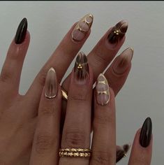 2024 Almond-Shaped Brown Autumn Element Press-On Nails | False Nails | False Nails, Handmade False Nails, press on nails | SHOPQAQ Autumn Nail Asthetic, Brown Fall Nail Set, Nails Inspo 2024 Fall, Simple Autumn Nails Almond, Winter Nail Inspo 2024 Almond, Black Brown Nail Art, Autumn Nail Inspo Almond, Brown Nails And Gold, Brown Nails Inspo Aesthetic