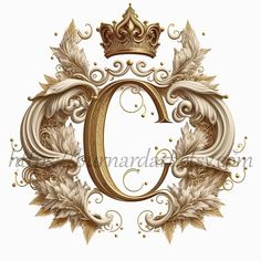 the letter c is decorated with gold leaves and a crown in the center, as well as