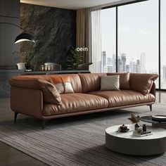 a living room filled with lots of furniture next to tall windows in front of a cityscape