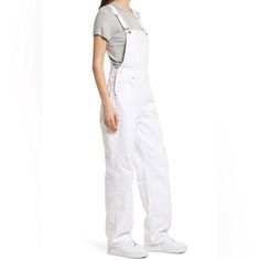 Size 14/32 Length 54.5" Inseam 32" 17" Across At Waist Laying Flat Square Neck Wide Legs Adjustable Straps And Button Closure On Sides Relaxed Fit Six Pockets Solid White 100% Cotton New With Tags High Rise Cotton Overalls With Pockets, Straight Leg Cotton Overalls For Workwear, Cotton Straight Leg Overalls For Workwear, Cotton Utility Overalls With Straight Leg, Utility Cotton Overalls With Straight Leg, Utility Style Cotton Overalls With Straight Leg, Spring Utility Jeans With Bib Front, Utility Style Cotton Denim Jumpsuit With High Waist, Utility Style High Waist Cotton Denim Jumpsuit