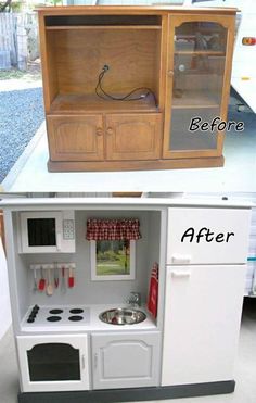 the before and after pictures show how to make a miniature kitchen