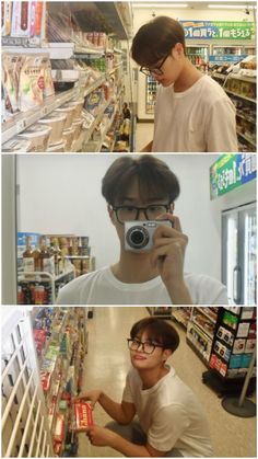 three different shots of a man taking pictures in the store with his cell phone and camera