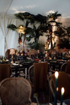 a dining room filled with lots of tables and chairs next to tall palm trees in the background