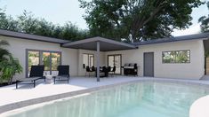 an artist's rendering of a house with a pool in the foreground and dining area on the far side