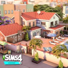 the sims4 house is surrounded by palm trees and umbrellas in front of it