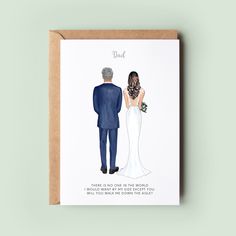 a card with an illustration of a bride and groom looking at each other on their wedding day