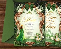 the princess and the frog birthday party is set up on top of a green envelope