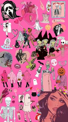 a bunch of stickers that are on a pink background with different types of people