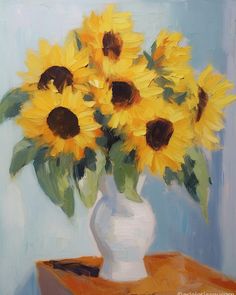 a painting of sunflowers in a white vase