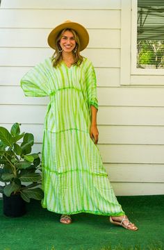 "🌈 Tie Dye Kaftan Dress, Loose Fit Tie Dye Dress, Hippie Tie Dye Kaftan, Tie Dye Clothing, Oversize Kaftan Dress, Tye Dye Caftan Dress Measurement and detail: 👉Fabric: 100% Breathable and Comfy Rayon 👉Method: Hand Dyed 👉Size: One Size Fits Most (M-4XL) Extremely comfy  👉Boho/Hippie /Festival/Beach/Tropical/Fancy/UniqueTheme 👉Length of Dress: 55\" 👉Width of Dress: 45\" 👉Bust 60\"-90\" 👉The back is identical to front pattern 👉Great for wearing while doing arts, crafts, relaxing at your h Green Cotton Maxi Dress For Beach, Green V-neck Boho Dress For Beach Season, Hippie Green Beach Cover-up Dress, Green Long Sleeve Boho Dress For Beach, Hippie Green Dress For Beach Cover-up, Green Hippie Kaftan For The Beach, Spring Green Hippie Kaftan, Green Boho Beach Dress, Green Hippie Beach Dress