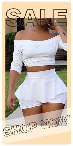 White Sexy Solid Split Joint Off the Shoulder Half Sleeve Two Pieces Fitted Two-piece Solid Top, White Two-piece Tops For Spring, Fitted White Two-piece Top, Fitted Two-piece White Top, Chic Two-piece Stretch Tops, Two Piece Short Set, Woman Dresses, Model Outfits, Instagram Model