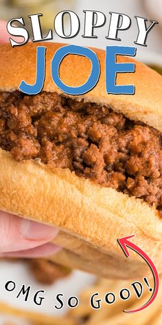 a hand holding a sloppy joe sandwich with the words sloppy joe coming soon above it