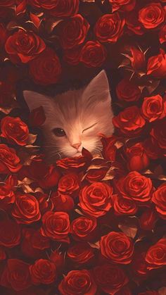 there is a cat that is surrounded by red roses