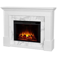 an electric fireplace with white marble surrounds and fire logs in the center, on a white background