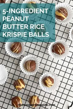 chocolate covered peanut butter rice krispie balls on a cooling rack with text overlay