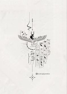 a drawing of an egyptian bird with symbols around it