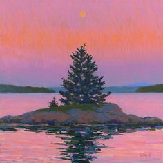 a painting of a tree in the middle of water with a pink sky behind it