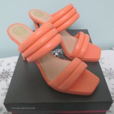 Vince Camuto-Leather Eluinsa Heel Sandals-Melone-8m-Nib Leather Upper Very Comfy Slide-On Double Quilted Bands On Toes/Triple Band On Ankle Square Open Toe Leather Lining 0.5" Platform, 3.75" Covered Heel Synthetic Sole Made In Brazil Orange Leather Open Heel Mules, Orange Leather Sandals With Padded Heel, Orange High Heel Leather Mules, Leather High Heel Mules With Red Sole, Chic Orange Leather Mules, Fitted Orange Open Toe Sandals, Designer High Heel Orange Sandals, Designer Orange Sandals With Round Toe, Designer Orange High Heel Sandals