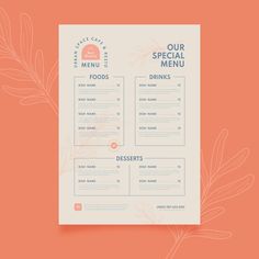 a menu for a restaurant on an orange background with leaves and branches in the corner