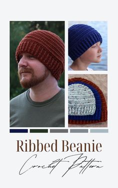 a man wearing a knitted beanie hat with three different colors on it and the text ribbed beanie crochet pattern